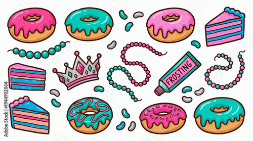 Hand drawn doodle set of glazed donuts, layered cake slices, princess crown and frosting tube on white background, concept for bakery branding, party invitations and sweet shop advertising