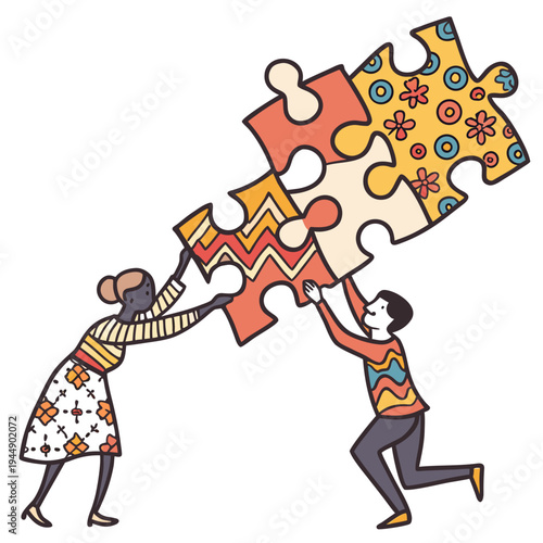 Two people holding and assembling a colorful puzzle jigsaw