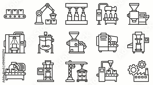Collection of factory production line icons and industrial machinery vector illustrations on white background, concept for manufacturing automation, industrial management and technical documentation