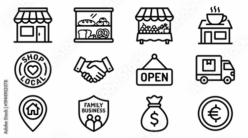 collection of local business line icons featuring shop storefront, bakery, fruit market, handshake and delivery truck, concept for retail branding, website interface and entrepreneurship