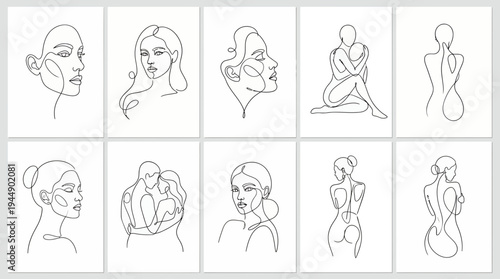 Set of minimalist continuous line art drawings featuring elegant female portraits and body silhouettes for a fashion designer portfolio, concept for branding, interior decor and web design