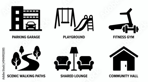 Black solid icons of building amenities like parking, playground, gym, walking paths, lounge and hall, concept for real estate marketing, property facility and urban development