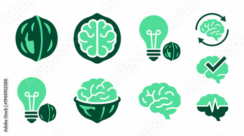 Green vector icons set featuring walnut shells integrated with human brain shapes and lightbulb symbols on white, concept for brain health, nutritional science and cognitive development