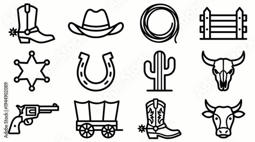 Collection of wild west cowboy line icons featuring sheriff badge, boots, horseshoe, cactus, hat and wagon on white background, concept for graphic design, branding and western advertising