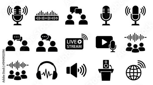 Set of black minimalist icons for podcasting, broadcasting, live streaming and digital audio communication isolated on white background, concept for media production, webinar and radio advertising