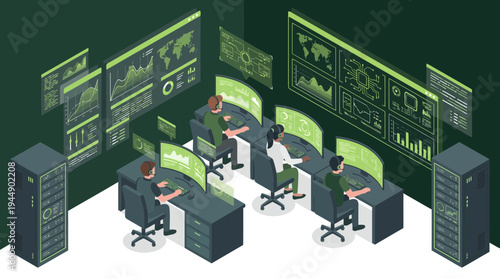 Isometric illustration of cybersecurity analysts monitoring real-time data on screens in modern control room, concept for network security, big data analysis and infrastructure monitoring
