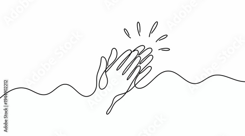 Continuous line drawing of hands clapping together with motion lines on white background, concept for business achievement, team success and worker recognition