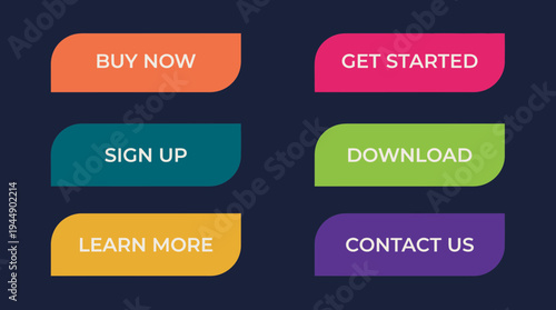 Set of colorful flat call to action web buttons with rounded corners on dark background including buy now and sign up text, concept for user interface design, web development and landing page
