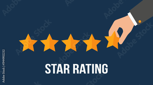 Businessman hand placing the fifth golden star for a top rating on dark background, concept for customer satisfaction feedback, service quality evaluation and brand reputation ranking