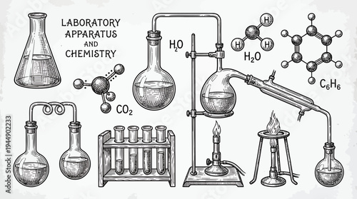Vintage hand drawn sketch of laboratory glassware and chemical molecular structures on aged background, concept for science education, pharmaceutical research and alchemy illustration