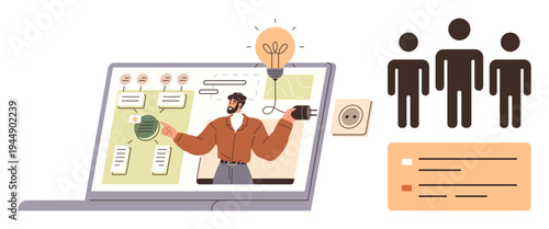 Online learning, virtual teamwork, business presentations, team collaboration, innovation, remote education. Laptop showing digital presentation with speaker, chat bubbles and ideas. Online learning