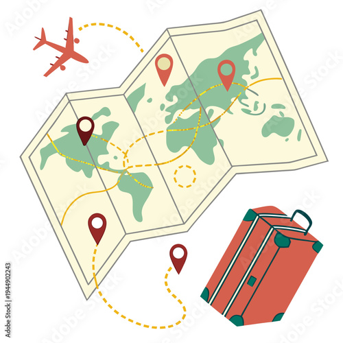 Travel map with suitcase and airplane trip