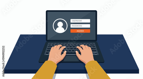 Hands of an IT administrator typing on a laptop keyboard to access a secure login interface screen, concept for digital data protection, network security and user authentication