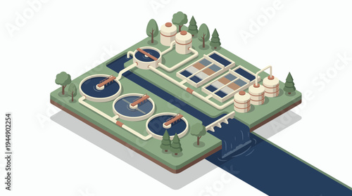 Isometric wastewater treatment plant with purification tanks and water pipes near a river, concept for environmental protection, industrial urban infrastructure and sustainable ecology