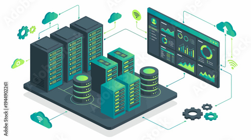 Isometric data center illustration with server racks and digital analytics dashboard showing charts and clouds, concept for cloud computing, big data storage and network infrastructure management
