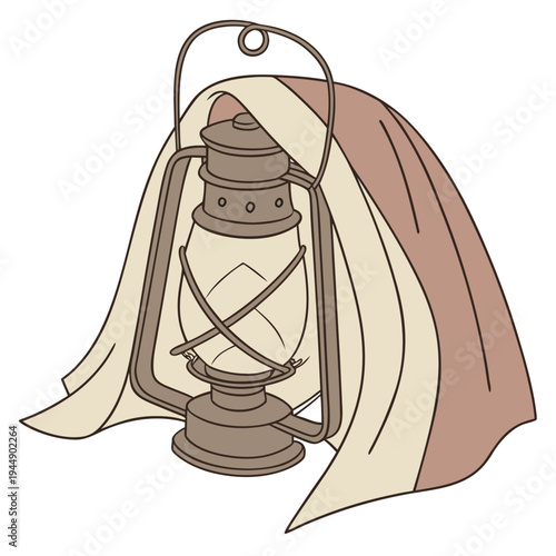 Vintage lantern with brown metal frame and draped cloth