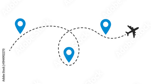 Airplane silhouette flying along dashed line path through blue location pins on white background, concept for travel planning, logistics tracking and tourism marketing