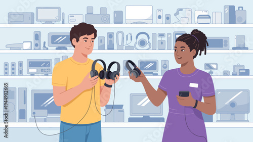 Two young adults comparing headphones in a store with various electronics on shelves