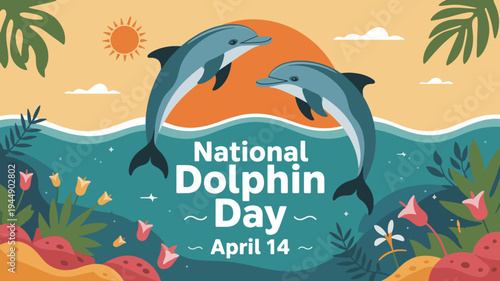 Dolphins swimming together ocean waves coral reef national dolphin day april 14th sunny day