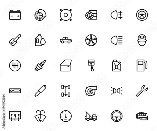 Car Icons Set. Vector Auto Parts & Service Icons. Includes Battery, Brakes, Wheel, Lights, Key, Engine, Mechanic Tools and More. Editable Stroke.
