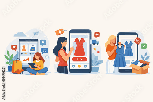 Flat Vector Illustration of Women Using Mobile Apps for Online Fashion Shopping, Featuring Scenes of Browsing Clothes, Clicking Buy on a Smartphone, and Receiving a Delivery Package at Their Home.