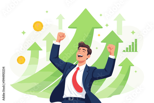 Happy businessman celebrating financial success and career growth with arms raised on a background of green upward arrows, gold coins, and bar charts, flat vector illustration for business.