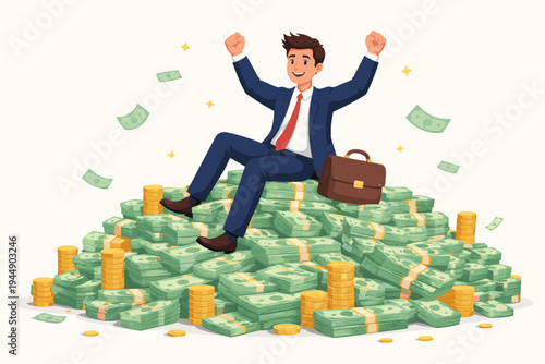 Successful Businessman Sitting on a Huge Pile of Cash and Gold Coins, Celebrating Financial Wealth and Prosperity, Flat Vector Illustration of Rich Man with Briefcase on Money Mountain