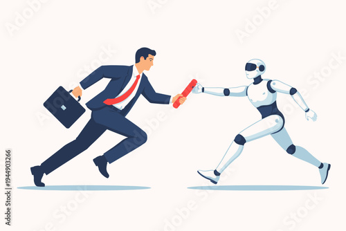Professional businessman in a suit passing a red relay baton to a white humanoid robot, flat vector illustration symbolizing AI automation, digital transformation, and human-robot collaboration.