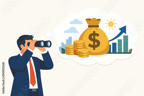 Businessman in suit looking through binoculars at future financial success with money bag, gold coins, and rising growth chart in thought bubble, concept of investment vision and profit planning