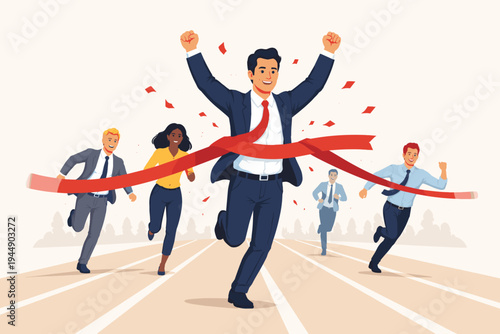 Vector illustration of a businessman crossing the finish line and tearing a red ribbon, winning a race against competitors. Concept of business success, leadership, achievement, and victory.