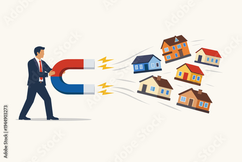 Businessman holding a large horseshoe magnet attracting multiple houses, representing real estate investment, property sales, lead generation, housing market success, and home buyer acquisition.