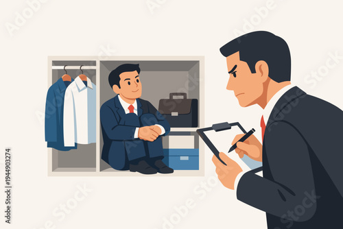 Vector Illustration of a Happy Businessman Sitting Inside a Small Closet Compartment While an Angry Boss Conducts a Performance Review or Survey, Representing Workplace Stress and Burnout Issues