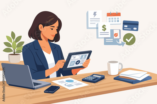 Businesswoman sitting at a desk paying bills online using a tablet. Flat vector illustration of a professional woman managing finances, utility payments, and digital banking in a home office.