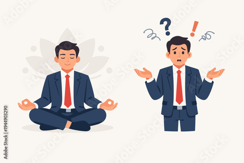 Flat Vector Illustration of a Calm Businessman Meditating in Lotus Pose for Focus and Mental Health Versus a Confused and Stressed Office Worker Shrugging with Question Marks and Chaos Symbols.