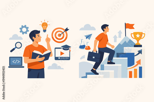 Flat vector illustration of a young man acquiring knowledge through books and digital learning to advance his career, climbing stairs towards success, a mountain peak, and a gold trophy award.