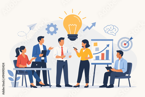 Business Team Brainstorming New Creative Ideas and Communicating in Office. Teamwork, Collaboration, and Innovation Concept with Lightbulb, Chart, and Gear. Flat Vector Illustration for Success.