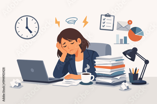 Overworked female office worker feeling stressed and exhausted at her desk with a laptop, huge stack of papers, and coffee, depicting burnout, heavy workload, deadlines, and mental fatigue.