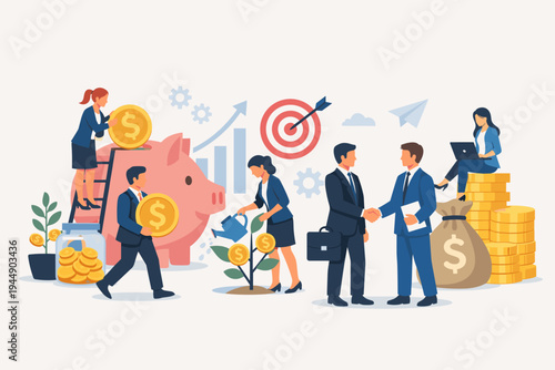 Business People Investing and Saving Money Flat Vector Illustration with Handshake Agreement, Piggy Bank, Money Tree Growth, Financial Success, Wealth Management, and Corporate Partnership Concept