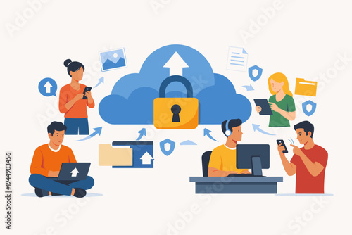Secure cloud computing concept with diverse men and women using mobile devices and computers to upload files and data to a protected storage server with a large padlock and shield icons.