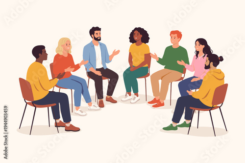 Diverse Group of People Sitting in a Circle for a Discussion, Support Group Meeting, or Therapy Session. Flat Vector Illustration of Men and Women Talking and Sharing Ideas in a Community Setting.