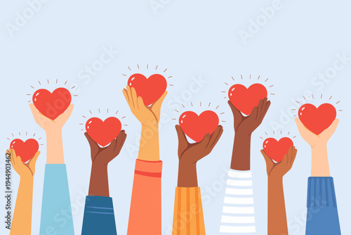 Diverse Hands of Different Skin Tones Raised Up Holding Red Hearts, Symbolizing Charity, Love, Donation, and Community Support. Flat Vector Illustration for Volunteering and Social Kindness.