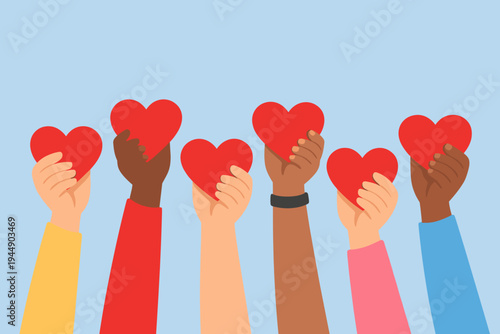 Diverse Hands Holding Red Hearts Up High on Blue Background, Concept for Charity, Donation, Love, Unity, Support, Community Volunteering, Kindness, and Social Care Flat Vector Illustration Design