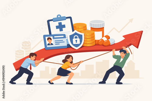 Young Employees Struggling to Lift a Rising Economic Arrow Burdened by Heavy Healthcare Costs, Social Security, Medical Bills, and Insurance Expenses in a Flat Vector Illustration Style Concept