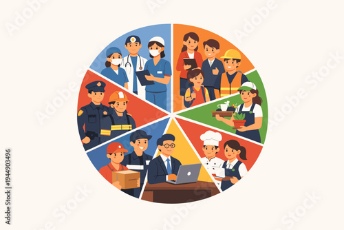 Diverse Professional Occupations Pie Chart Illustration Featuring Doctors, Police, Chefs, Office Workers, and Laborers Representing Employment Statistics, Workforce Diversity, and Career Paths.