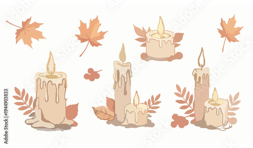 Burning Candles Watercolor Set with Warm Autumn Glow Hand Painted Cozy Candle Illustration Collection