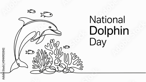 Dolphin jumping out of water with coral reef and fish on national dolphin day