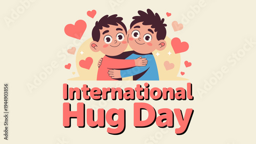 Two men hugging on international hug day with hearts around them