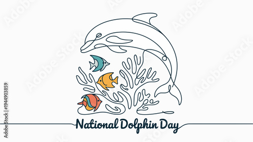 Dolphin and fish swim in ocean coral reef national dolphin day marine life underwater scene aquatic animals