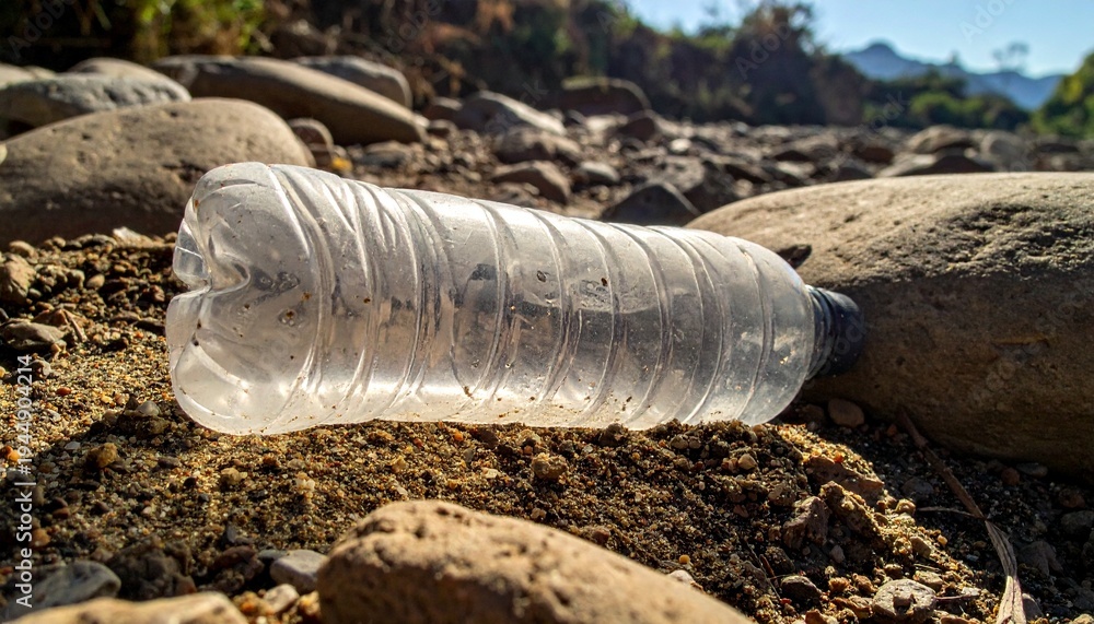 Obraz premium Environmental pollution represented by a discarded plastic water bottle lying on a rocky riverbed in the sunshine