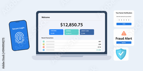 Flat vector landing page illustration for secure digital banking. Screens display a banking dashboard, biometric login, two-factor authentication, and fraud alert notifications.